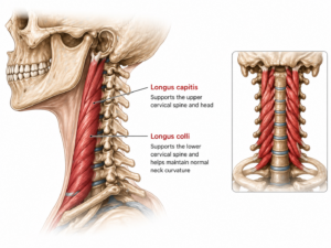 Deep neck flexor muscles including longus capitis and longus colli supporting the cervical spine