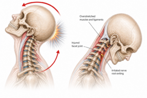 Diagram showing whiplash mechanism with rapid forward and backward movement of the cervical spine causing joint and nerve irritation